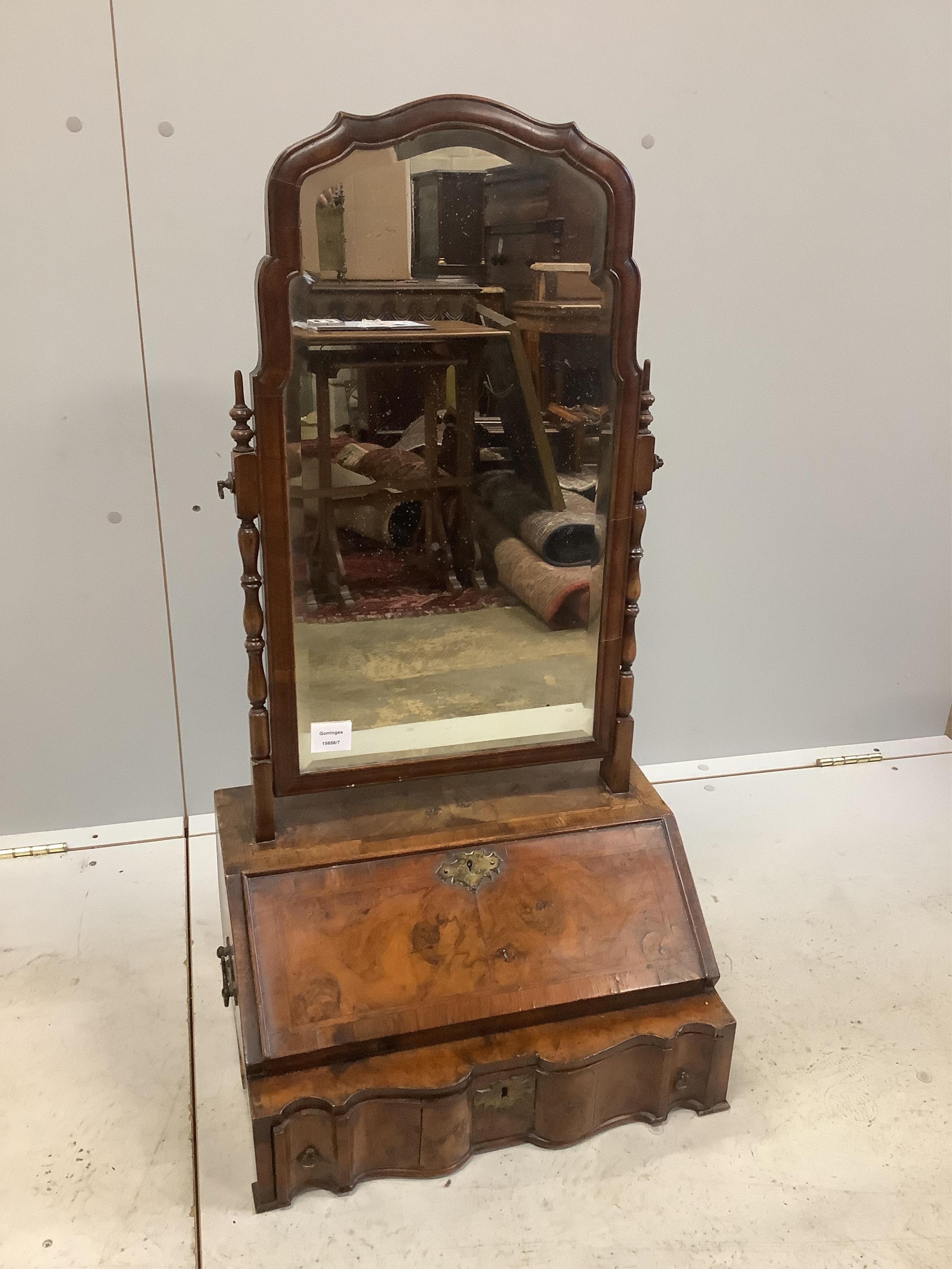 A Queen Anne revival walnut bureau combined toilet mirror, width 48cm, depth 34cm, height 91cm. Condition - fair